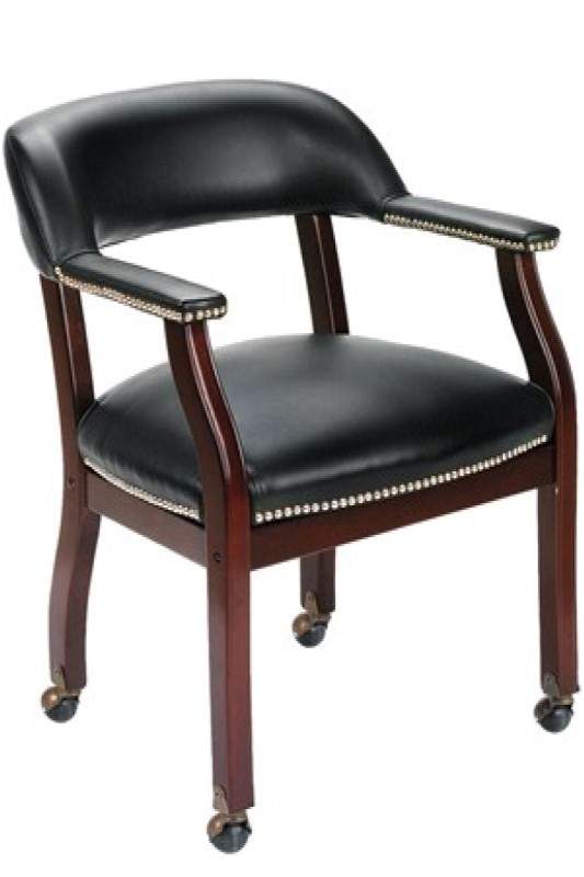 Black rolling guest chair with brown base