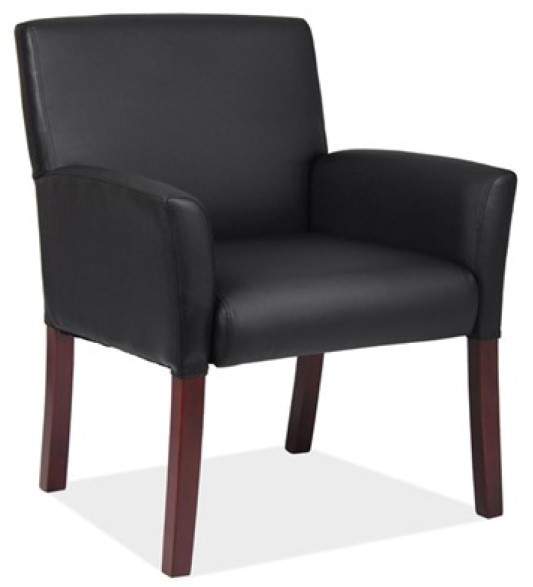 Black leather chair with brown legs