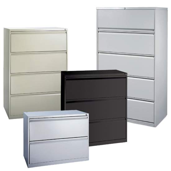 Filing cabinets in gray, silver, tan, and black