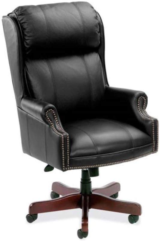 Black leather chair with a brown base