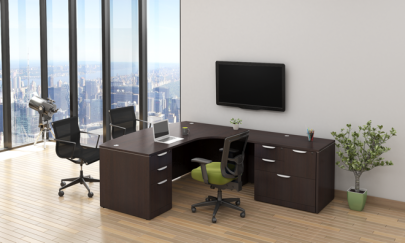 Dark brown L-shaped desk with a mounted monitor above it